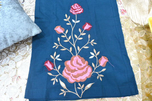 Blue Cotton Floral Stitched Suit With Dupatta