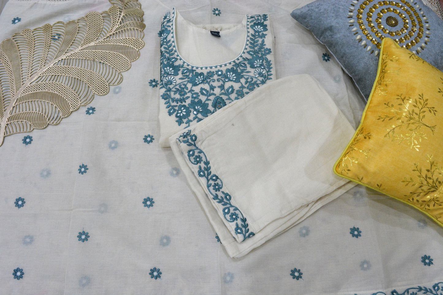 Cotton Stitched Suit With Blue Thread Work