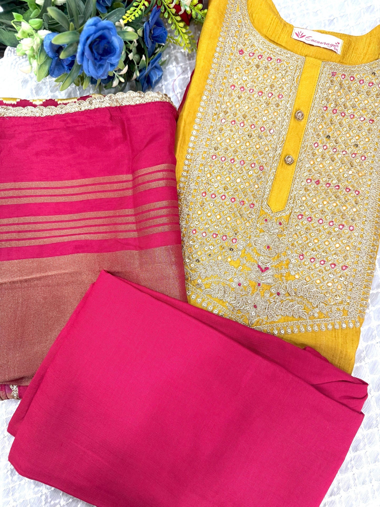 Yellow Stitched Suit with Beautiful Patola Dupatta