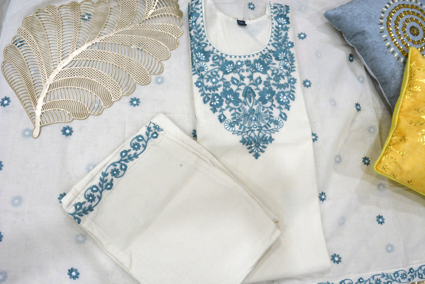Cotton Stitched Suit With Blue Thread Work