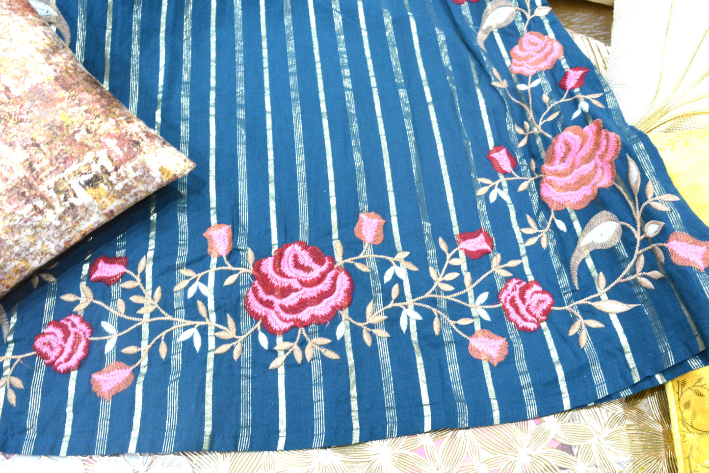 Blue Cotton Floral Stitched Suit With Dupatta
