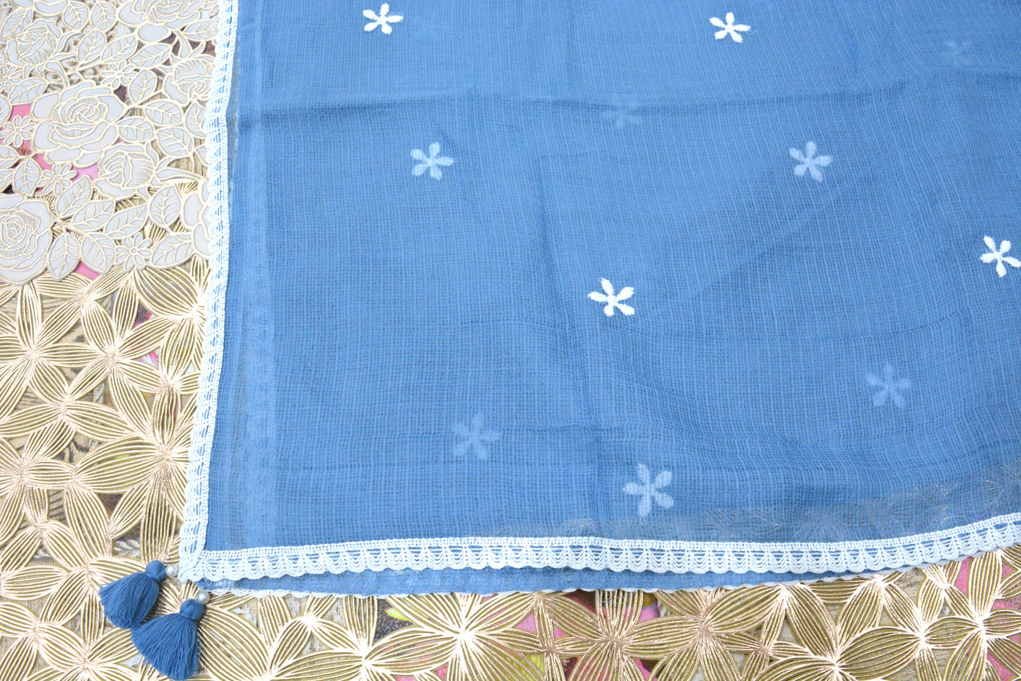Blue Cotton Stitched Suit With Thread Work