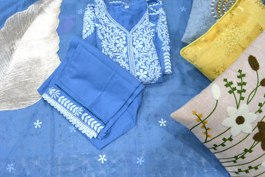 Blue Cotton Stitched Suit With Thread Work