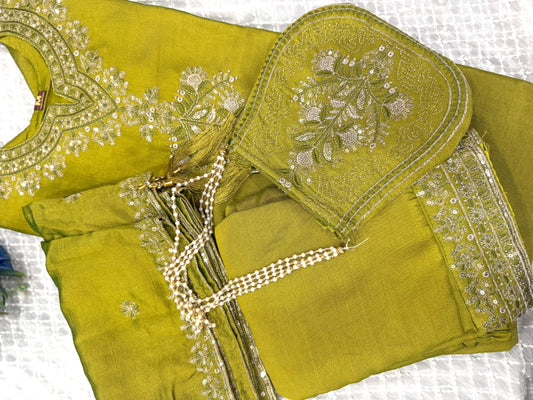 Mehandi Stitched Suit with Potli & Beautiful Embroidery Work