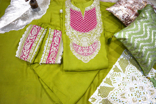 Parrot Green Silk Kurta With Gold Zari