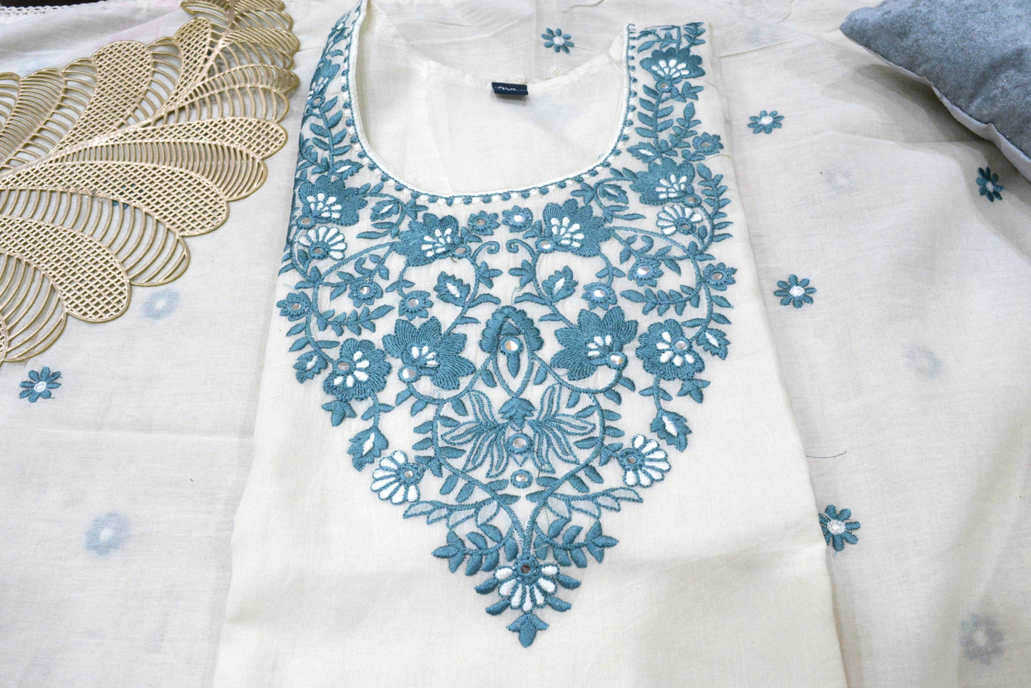 Cotton Stitched Suit With Blue Thread Work