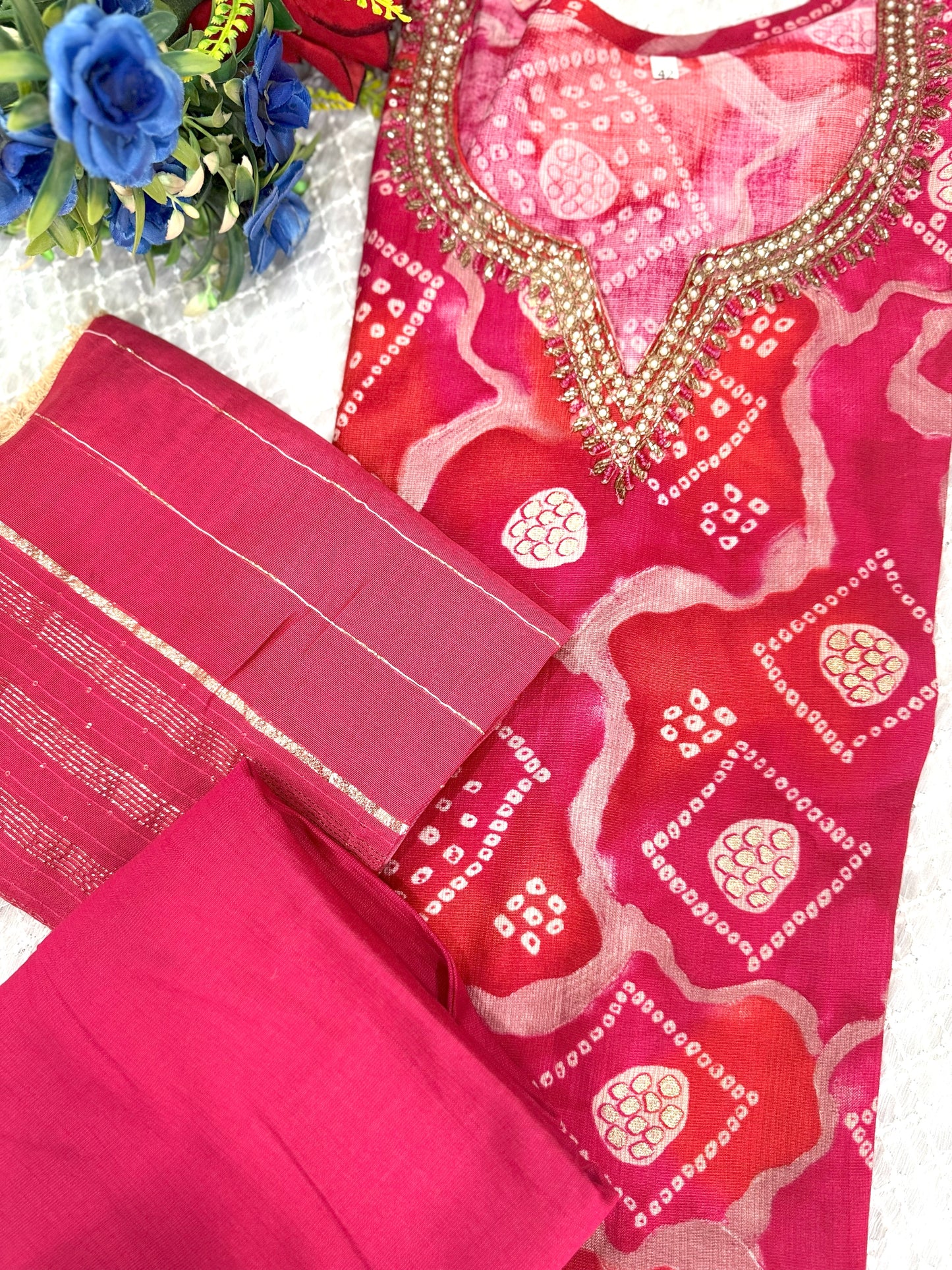 Red Stitched Suit with Beautiful Neck Work