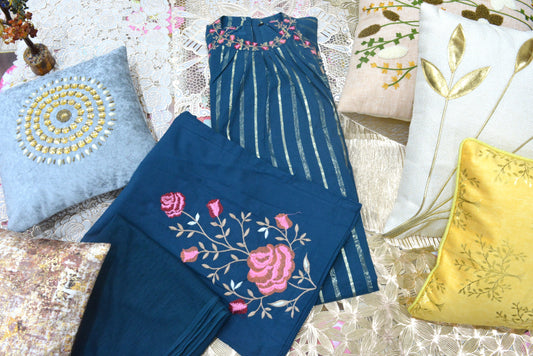 Blue Cotton Floral Stitched Suit With Dupatta