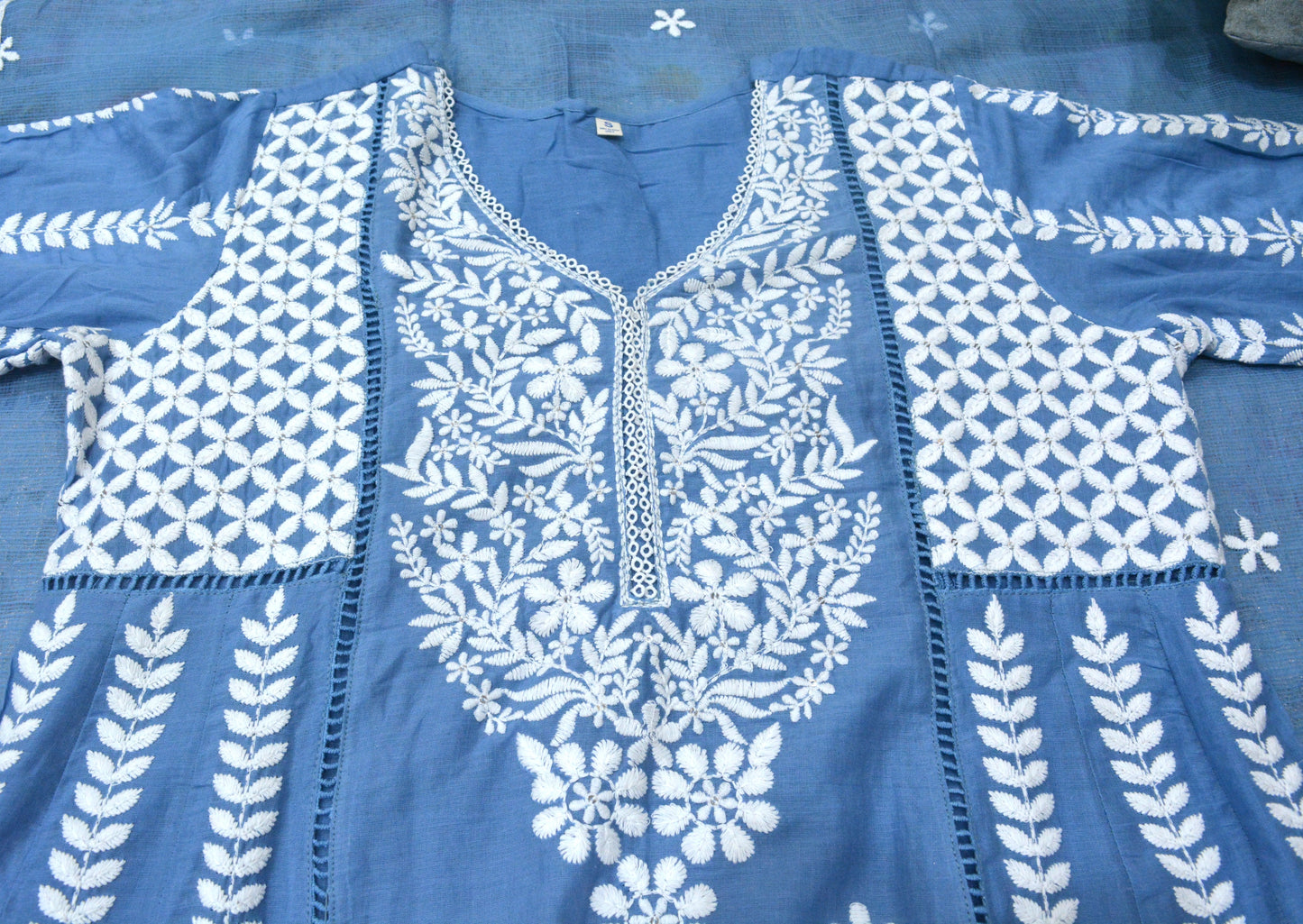 Blue Cotton Stitched Suit With Thread Work