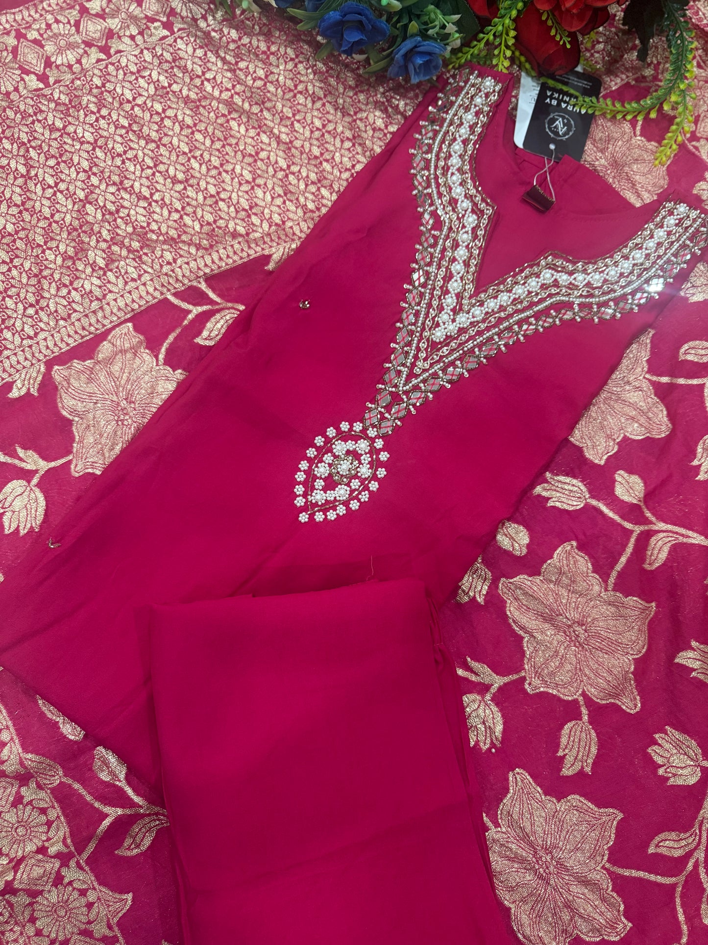 Roman Silk Magenta Stitched Suit