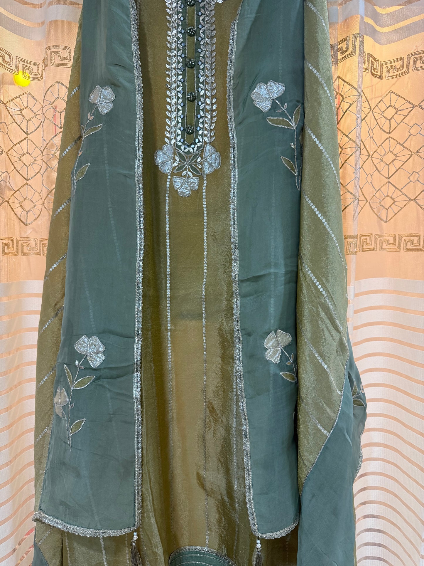 Mehandi Shimmer Unstitched Suit